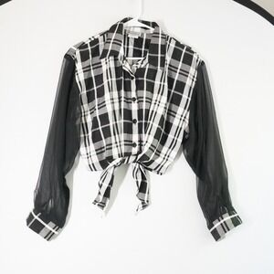 VTG Mirrors Plaid Tie-Front Top Sheer Sleeves Button Down Blouse M Western Rodeo